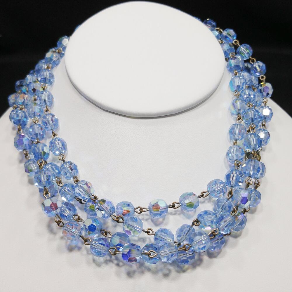 Blue Austrian Crystal Beaded Necklace, Wire Wrapped, 1960s Vintage Jewelry